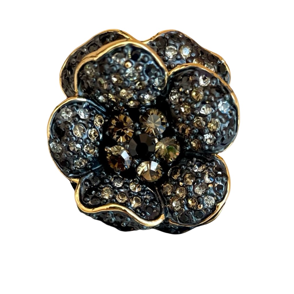 Vintage Joan Rivers Gold Plated Black Pave Glam Rose Ring Size 7